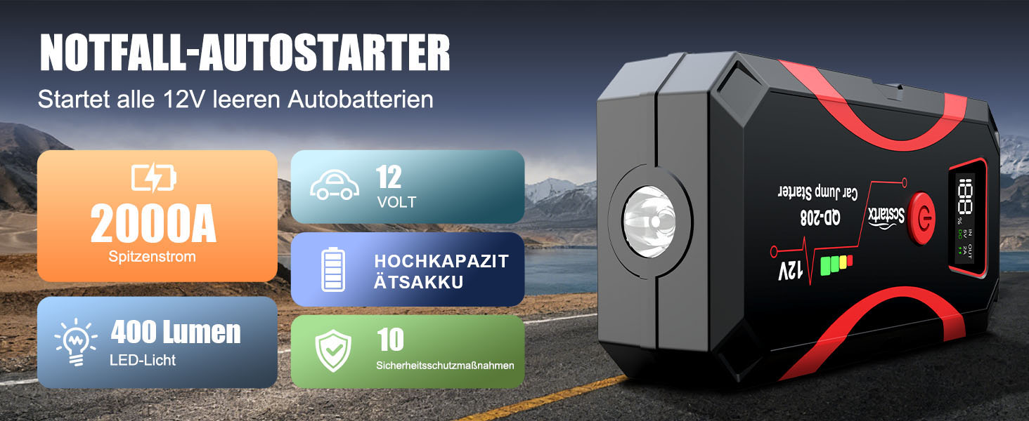 Бустер для автомобіля Starthilfe Powerbank 2000A 12V: пусковий пристрій (джампер старт) з LCD-екраном та LED-ліхтарем для авто та мотоциклів (до 7л бензин / 4л дизель)