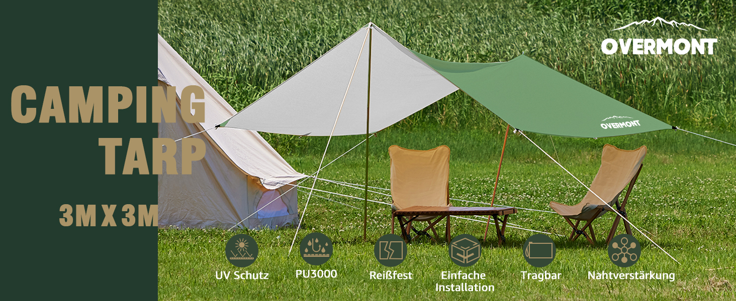 Намет Overmont 3x3 м, Тент, Сонячний Павільйон, Багатофункціональний, для відпочинку на природі, 6 кілочків та 6 мотузок