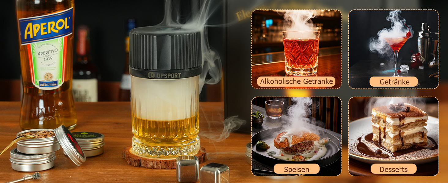 Набір для копчення віскі: 6 смаків дерев'яної стружки, 2 склянки, 2 кубики льоду, аксесуари для коктейлів, копчення напоїв, бурбон, кава, м'ясо