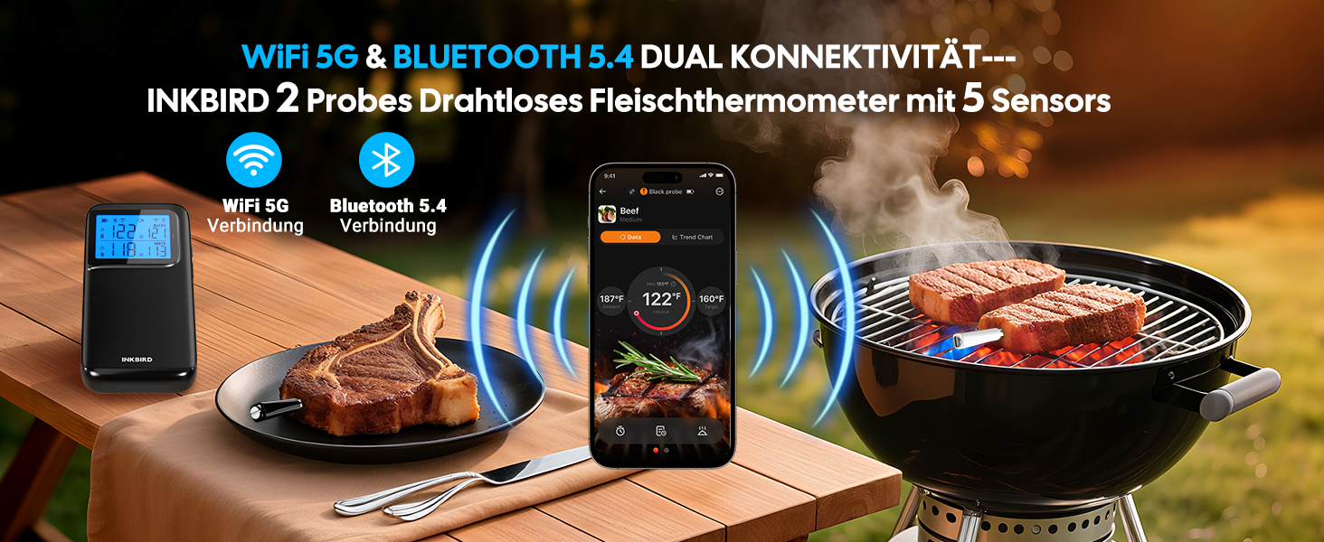 Термометр для м'яса INKBIRD INT-12E-BW: бездротовий, Wi-Fi, Bluetooth, 2 зонди, 5 сенсорів для гриля, BBQ, духовки та приготування їжі