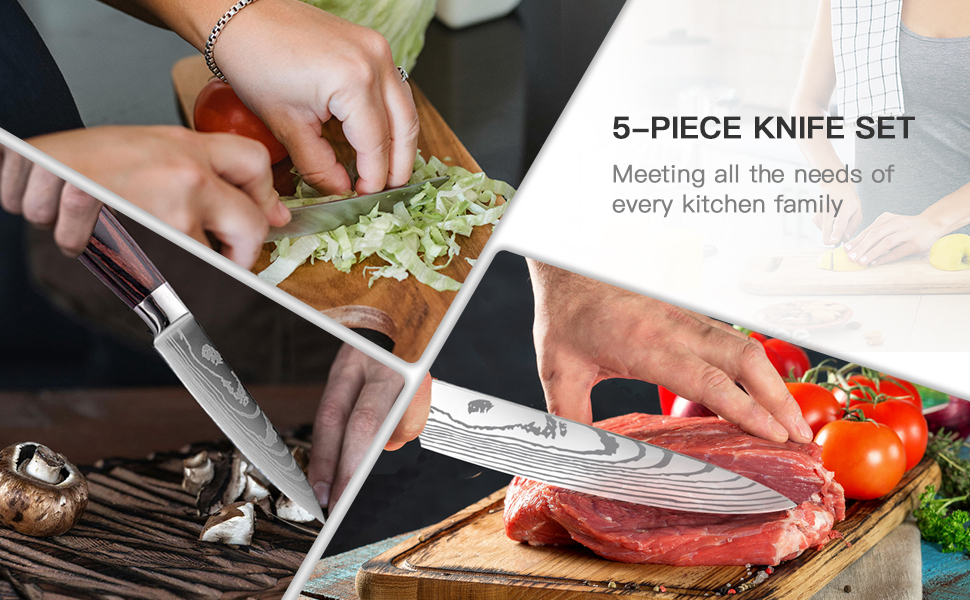 Набір кухонних ножів 5 шт. з нержавіючої сталі, преміум якість, ергономічні дерев'яні ручки, професійний кухонний набір, подарункова коробка