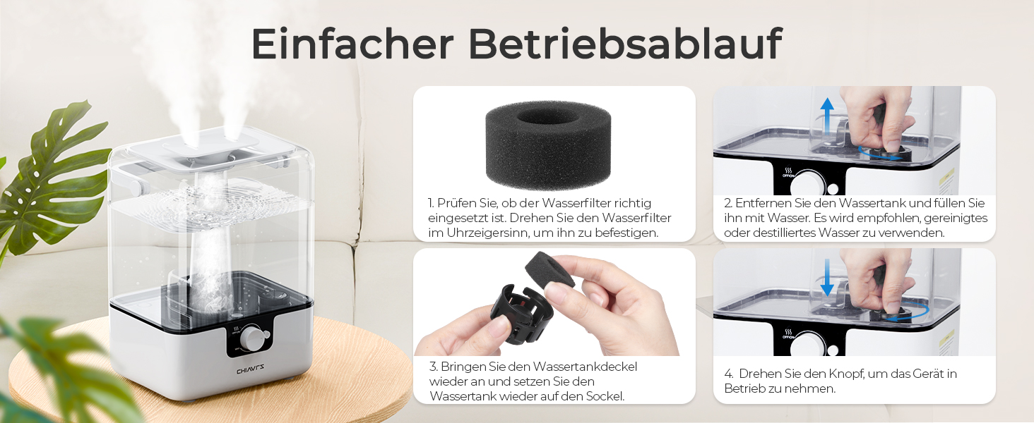 Зволожувач повітря CHIVALZ для великих приміщень, 6л з нічним світлом, поворотна 360° форсунка, 26дБ, 50год, аромадифузор для спальні, дитячої кімнати, рослин, дитини, білий, 1 шт + 2 виходи для пари