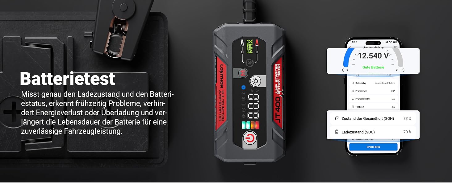 Пусковий пристрій (бустер) LOKITHOR JT400 Starter Powerbank 2500A з тестером акумулятора 100–2000 CCA