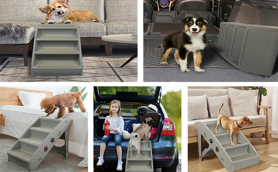 YRHome Foldable Pet Stairs - 4 Step Dog Ramp for Cats & Dogs up to 75kg - Non-Slip Mat & Support Bar - Grey
