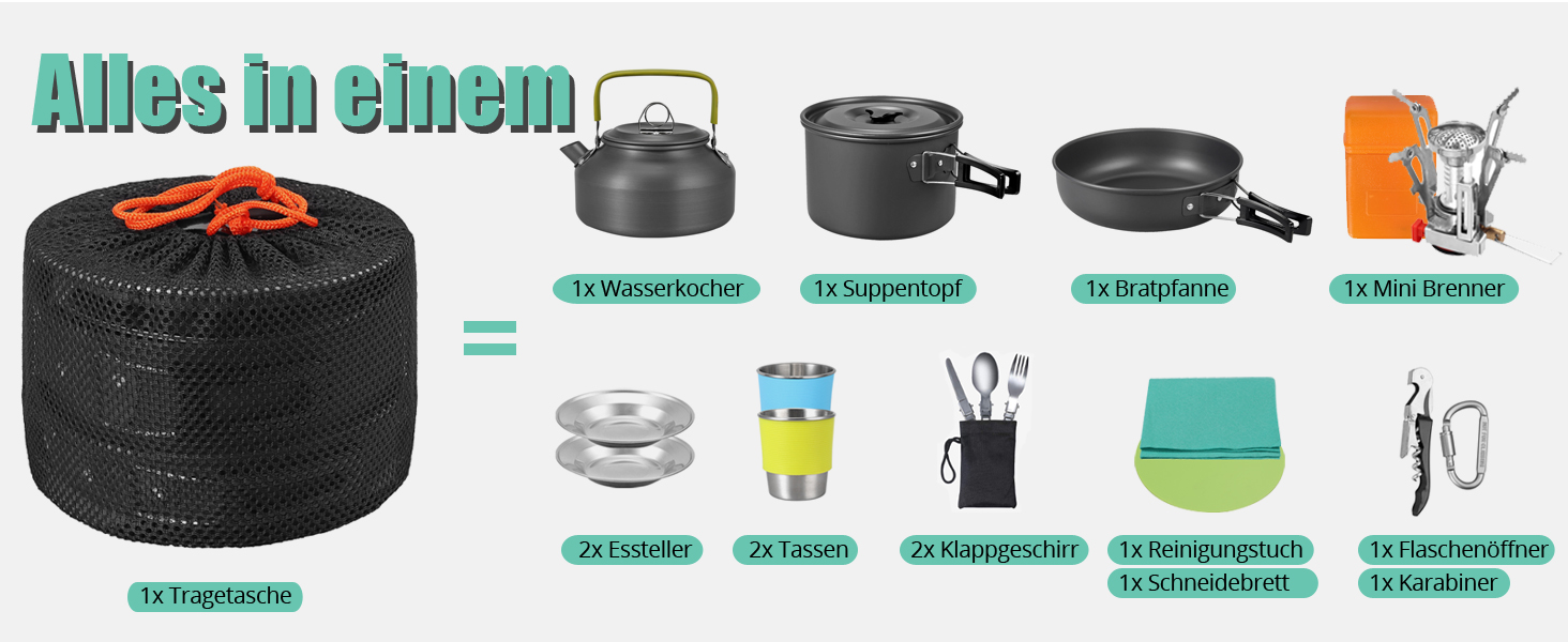 Набір посуду для кемпінгу Vinteam: 21 предмет, для 4 особи, туристичний посуд, казанок, міні-посуд