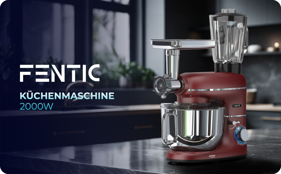 Кухонна машина Fentic 6-в-1 з м'ясорубкою, соковитискачем 1,5л, подрібнювачем овочів та ін. – 2000W, містка чаша 6,2л, набори гачків та міксерів, захист від бризок (Червона)