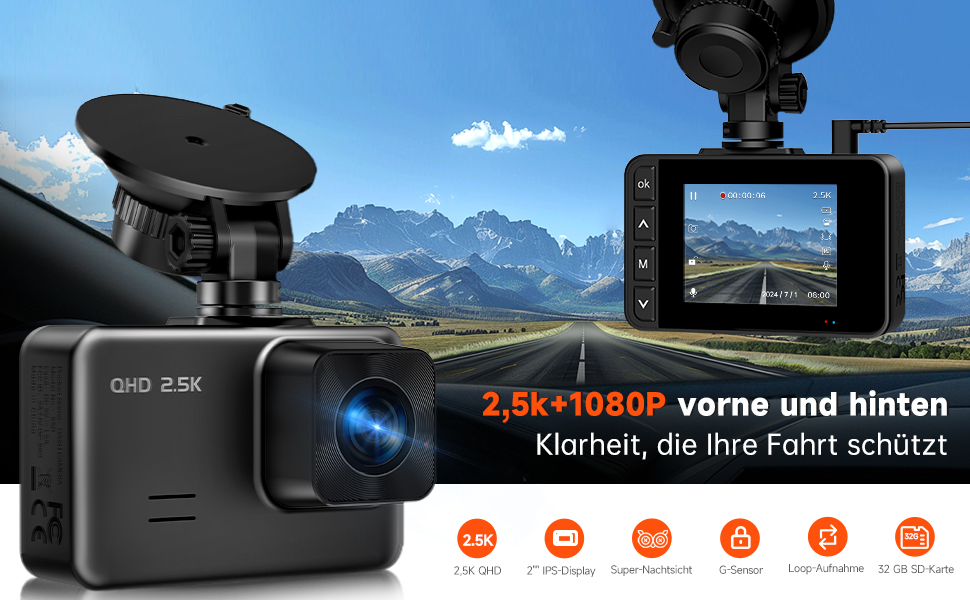 Відеореєстратор у машину Dashcam Auto з двома камерами, 2.5K+1080P, IPS-дисплей, G-сенсор, 170° кут огляду, паркувальний режим, циклічна запис, нічне бачення, карта 32GB