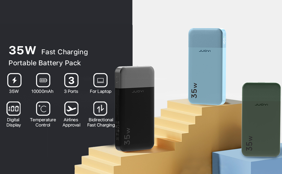 Power Bank JUOVI 10000mAh, 35W: Швидка зарядка, 3 виходи, 2 входи, PD3.0, QC 4.0, цифровий дисплей, чорний