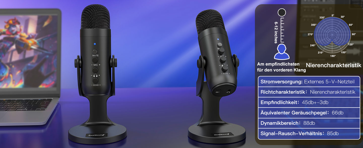 USB мікрофон Zealsound: конденсаторний мікрофон для ПК, телефону, PS4, PS5. Ідеально для геймінгу, подкастів, запису звуку, стрімінгу та ASMR. З регулюванням гучності та ефектом ехо. Сумісний з Mac, Windows. Чорний колір.