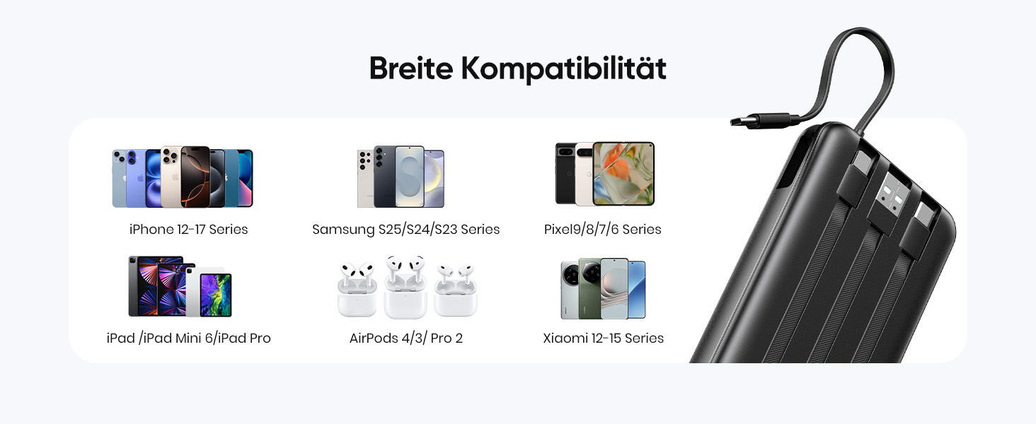 Повербанк ADDTOP 20000mAh з 4 вбудованими кабелями, швидка зарядка 22.5W, компактний зовнішній акумулятор (Чорний)