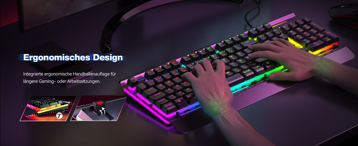 TECKNET RGB ігрова клавіатура для ПК, мембранна, 105 клавіш, повний металевий корпус, підставка для зап'ястя, 15 зон RGB підсвічування, 25 антиблінд, клавіатура для комп'ютера, німецька розкладка (QWERTZ)