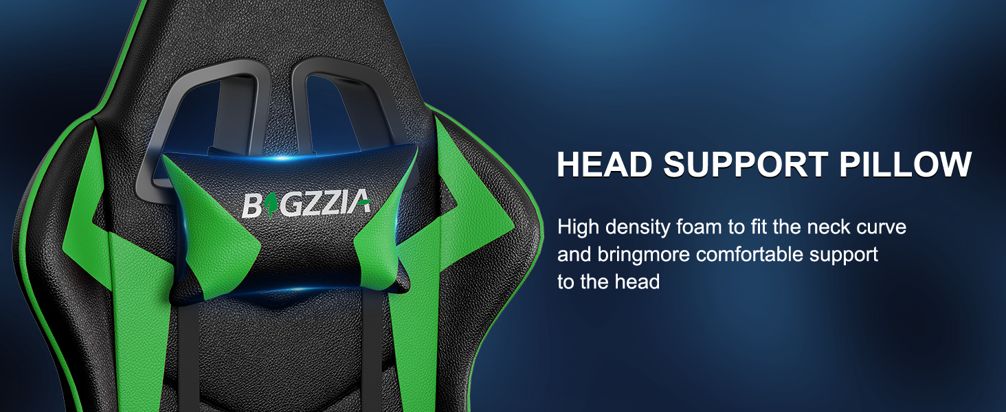 Геймерське крісло Bigzzia Ergonomisch з підтримкою попереку та голови, регульоване по висоті, для підлітків та дорослих (Зелене, Bluetooth)