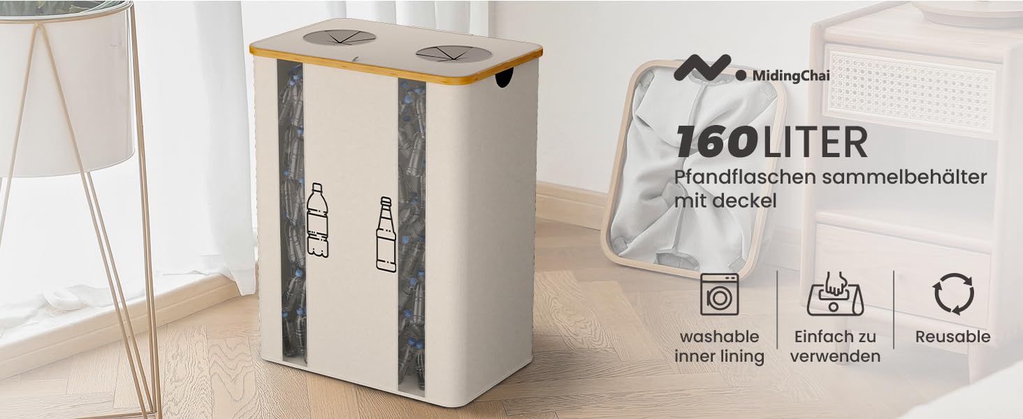 Laundry basket with 2 compartments, deposit bottle collection container with lid, container for deposit bottles, glass recycling, and paper waste collection, deposit bottle container bamboo with bag, must-have (Beige/Cream, XXL)