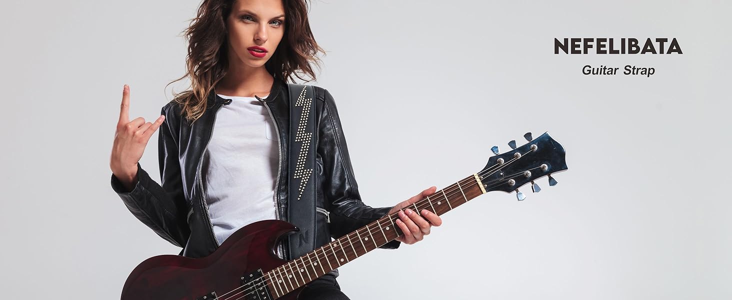 Гітарний ремінь Nefelibata з повном'якої шкіри, з підкладкою з піни, з срібними заклепками, для електро-, акустичної та бас-гітари (2,5' ширини, карбон-чорний), з хрестом