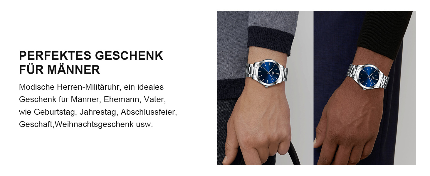 Годинник чоловічий LENQIN, водонепроникний, з нержавіючої сталі, кварцовий, аналоговий, з сапфіровим склом (Argent Bleu)