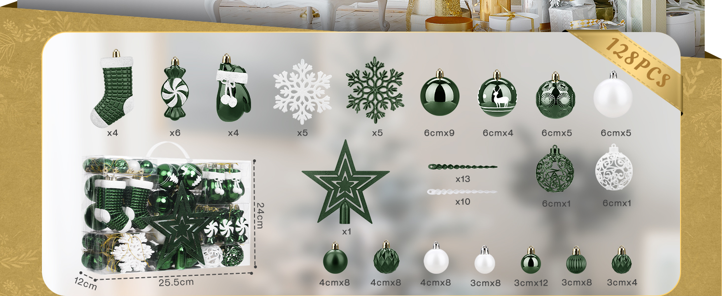 Набір ялинкових прикрас SOLEDI® 128 шт. Преміум якість, пластикові кулі білого кольору з зіркою, міцні та безпечні, набір прикрас з гачками, кольорові ялинкові кулі, багаторазовий декор на Різдво (зелений)