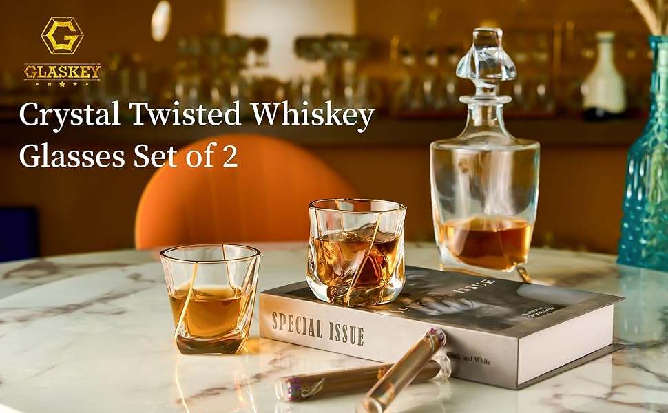 Glskey Crystal Whiskey Glasses Set - 4 Pack, 350ml Lead-Free - For Whiskey, Rum, Vodka, Gin, Scotch, Cognac & Water - Dishwasher Safe, Distorted Shape