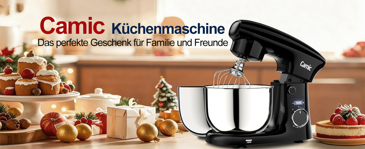 Кухонний комбайн-міксер Camic з LED-дисплеєм, 10 швидкостей, 3 насадки (вінчик, міксер, гак) та 2 чашами з нержавіючої сталі 4л і 5л для тіста, хліба та тортів, чорний