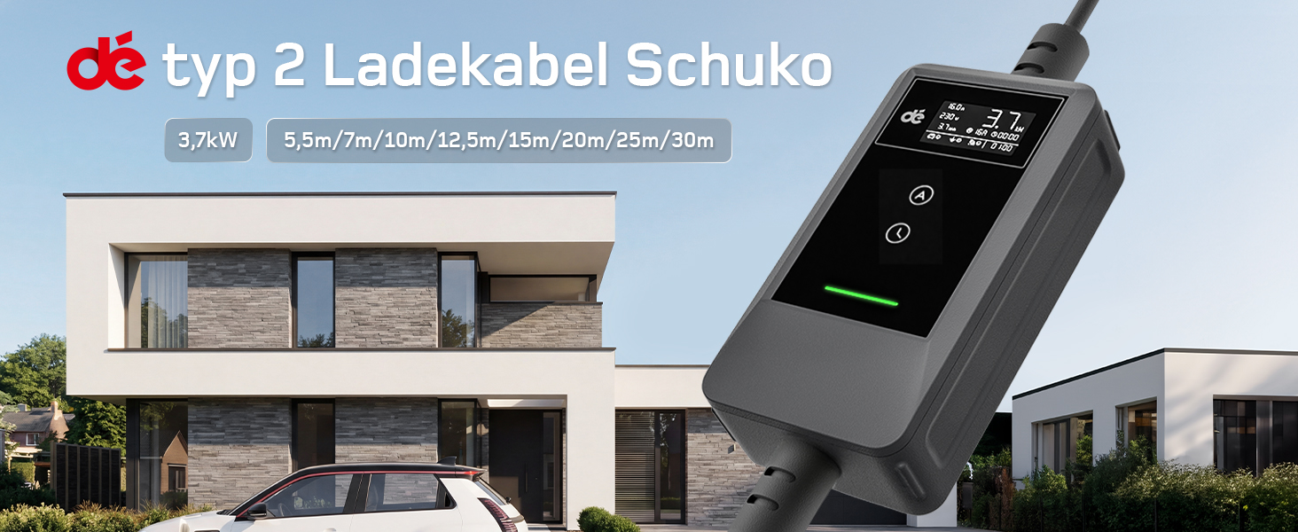 Зарядний кабель для електромобіля Type 2 Schuko 3.7кВт 10м, регулювання струму 6-16А з керуванням через додаток, чорний