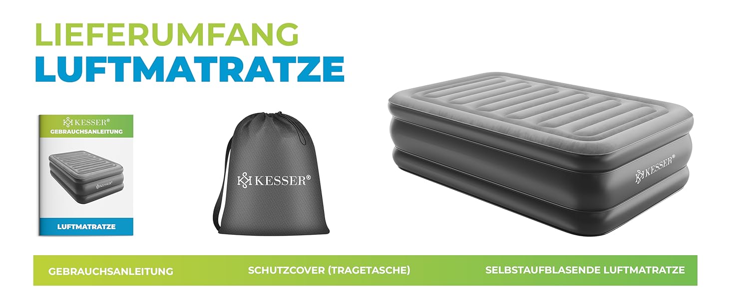 Надувний матрац KESSER® з електричною помпою, самонадувний, для гостей, кемпінгу та дому. Матрац для 1 особи, 203 x 95 x 51 см, сірий/антрацит