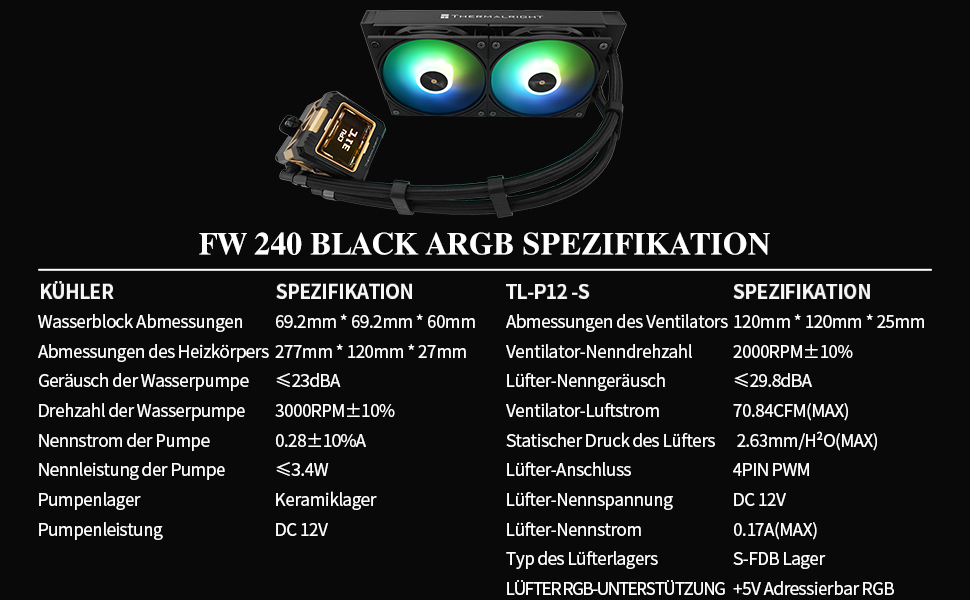 Thermalright FW 240 Schwarz ARGB: Рідинна система водяного охолодження CPU з 2 вентиляторами PWM, LCD-дисплей 320*240, сумісна з Intel AM4/AM5/LGA1700/1851