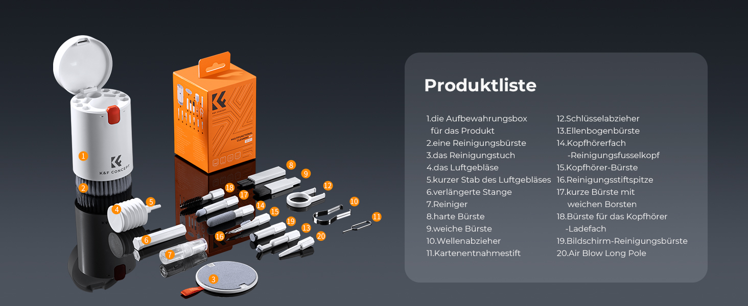 Набір для чищення електроніки K&F Concept 20-в-1: AirPods, клавіатури, ноутбуки, навушники, телефони, камери