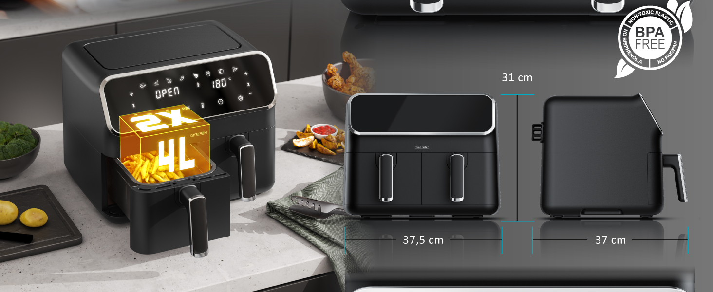 Арендо - Фритюрниця повітряна подвійна з 2 камерами, XXL об'єм, 2700 Вт, Airfryer, нержавіюча сталь, сенсорний дисплей, 3D циркуляція повітря, антипригарне покриття, без PFAS