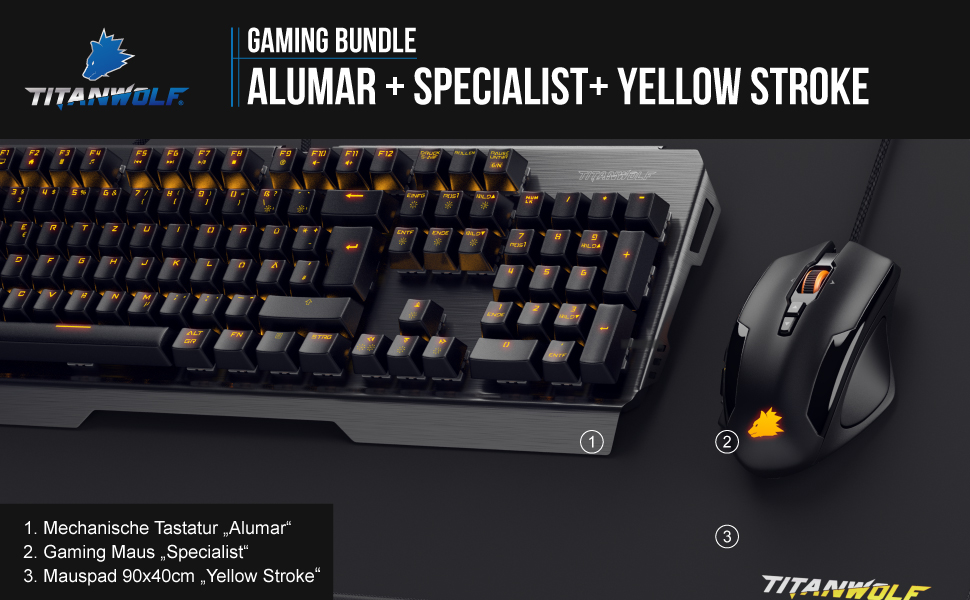 Механічна клавіатура та миша TITANWOLF з підсвічуванням LED та XXL килимком для миші, ігрова комбінація, Anti-Ghosting, 10800dpi, Makro-режим
