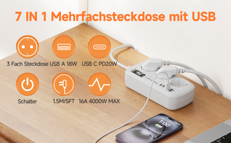 Многорозеткова станція з захистом від перенапруги, 3 розетки, 4 USB (2 USB-C), вимикач, кабель 1,5м, для дому/офісу, білий