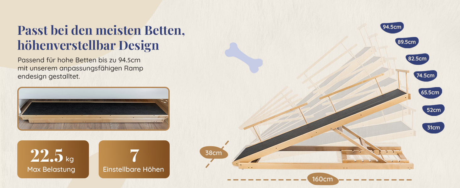 Сходинки для собак PRIORPET з берези з поручнями - регульована висота до 94.5 см - складаються - антиковзаюча поверхня - для маленьких собак до 23 кг - натуральне дерево