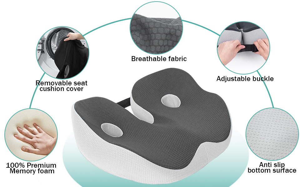 Подушка для сидіння з піною з пам'яті, ергономічна ортопедична подушка для офісного крісла, подушка для сидіння з піною з пам'яті, подушка для куприка з регульованою шириною для офісу/автомобіля, знімає біль в сідниці (темно-сірий)