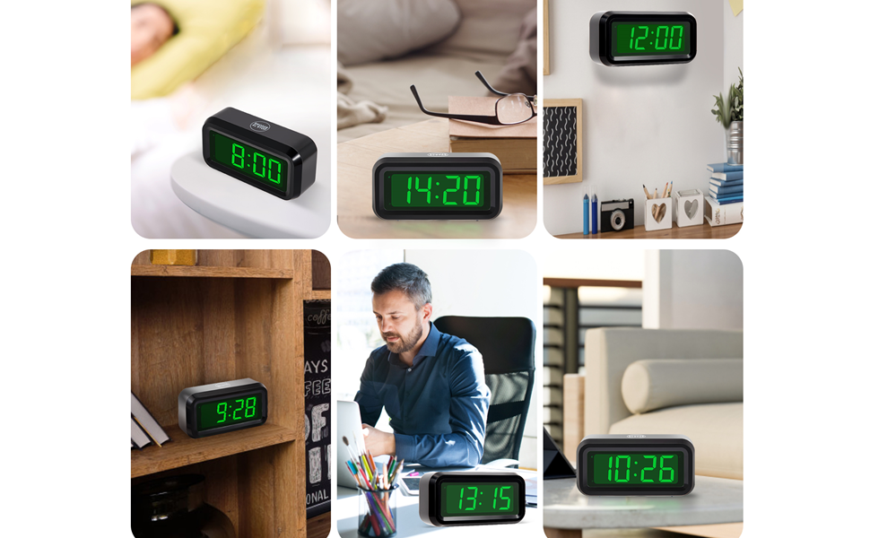 Цифровий годинник-будильник Timegyro з LED-дисплеєм, портативний для подорожей, настільний, з регулюванням яскравості, великий LED-дисплей 1.2' для спальні, вітальні, чорно-зелений