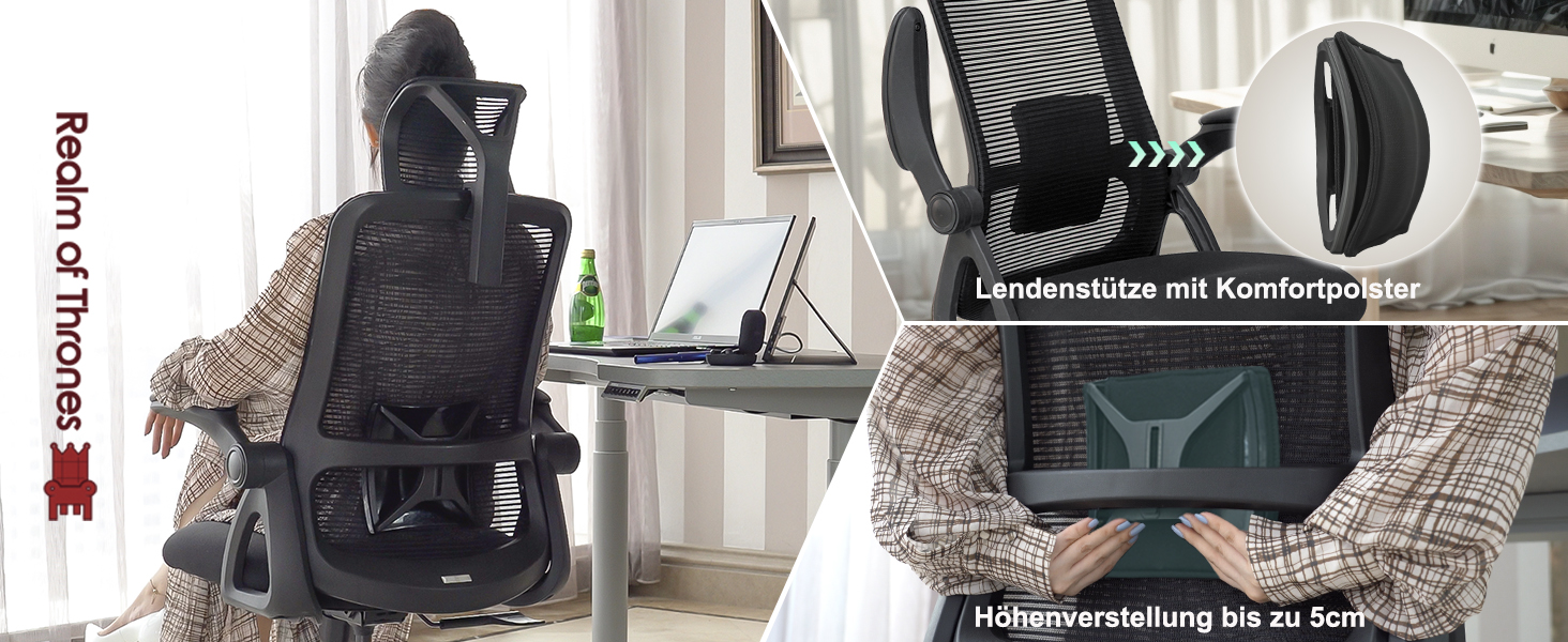 Офісний стіл Realm of Thrones CAPTAIN: ергономічний крісло з міцною сталевою основою, регульованою поперековою підтримкою та дихаючою спинкою (чорний)