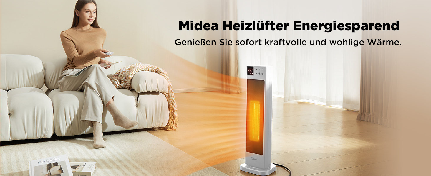 Керамічний обігрівач Midea NTH20-22ER(WH) – 2000 Вт, з термостатом, пульт ДУ, 75° осциляція, ECO-режим, для великих приміщень, білий