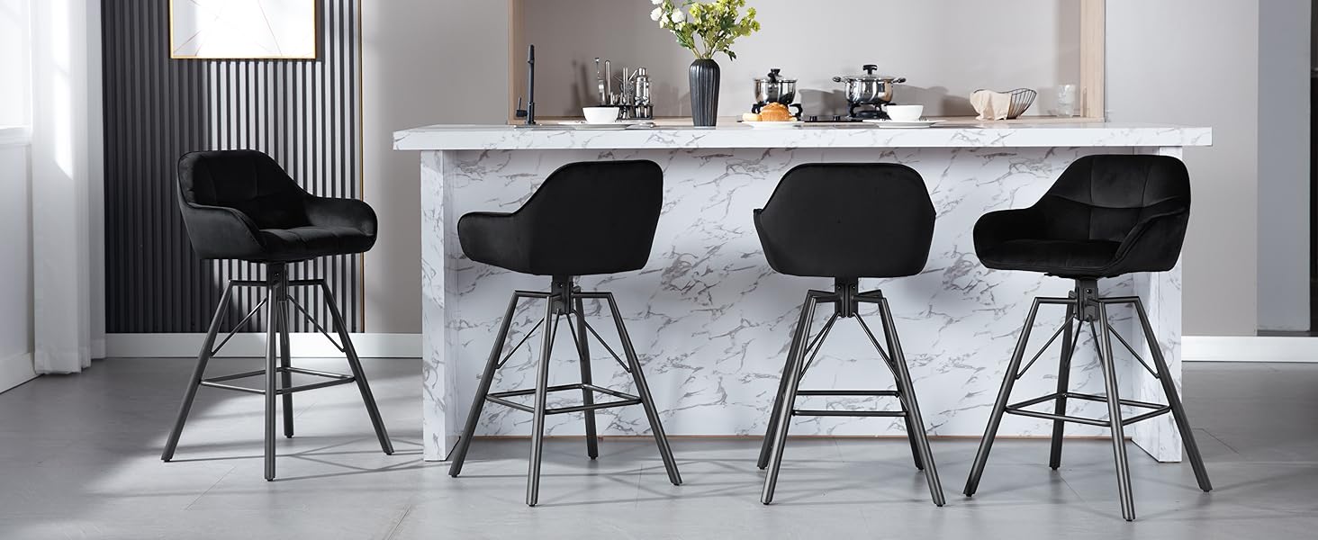 WOLTU 2-Piece Bar Stool Set - Swivel Barstools with Backrest & Footrest - Velvet Upholstered Metal Bar Chairs - Dark Grey