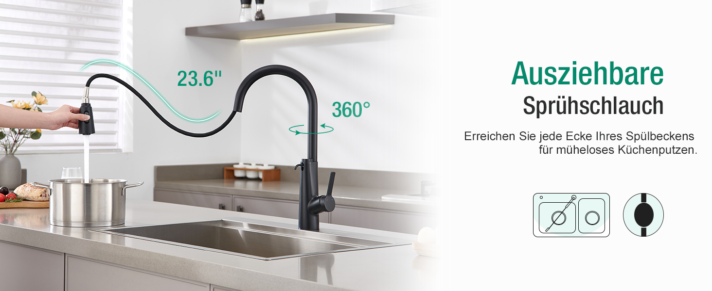 Кран кухонний CREA Wasserfall висувний з дозатором мила, нержавіюча сталь, 360° оберт, 4 режими, матовий чорний