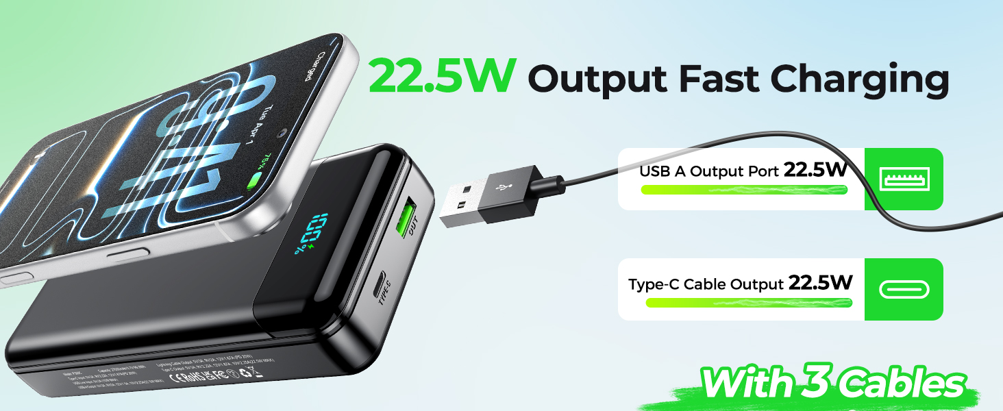 Power Bank Enerwow 27000mAh з USB-C кабелем, 4 порти, LED-дисплей, для iPhone та інших пристроїв (P300C, Синій)