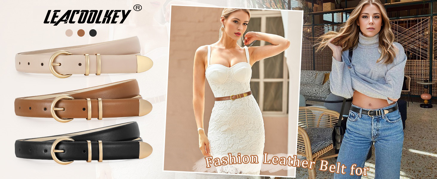LEACOOLKEY: 3 жіночі шкіряні ремені-коси для джинсів та суконь. В'язані ремені з металевою блискавкою (100 см). Розмір: 66-76 см. Кольори: чорний, коричневий, бежевий.