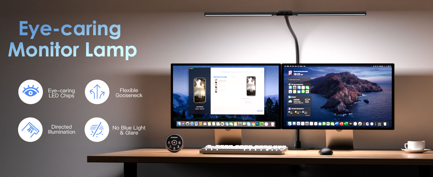 EYOCEAN LED лампа настільна з двома головками, 24W, 80 см, денне світло, з пультом, регулювання яскравості, захист очей, для офісу та дому (матова чорна)