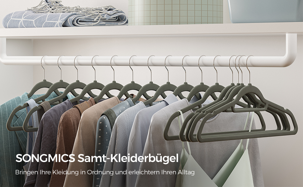 Плечики SONGMICS для одягу, 20 шт., велюрові, нековзні, для краваток, 360° обертання, 0,6 см, економія місця, 43,5 см, для пальто, штанів, срійно-сірий