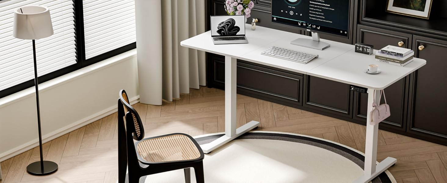 Ergonomaker Electric Height Adjustable Desk 80x60cm - Compact Standing Desk with 2-Section Tabletop, Adjustable Desk for Home Office (White Frame + Walnut Tabletop)