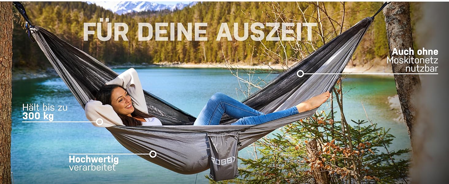 Гамак ROBBX® для 2 осіб з москітною сіткою | 300 кг | Сірий, 290x140 см | Намет-гамак для кемпінгу та відпочинку на природі