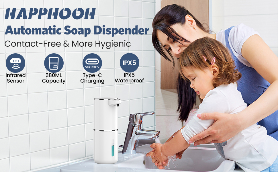 Автоматичний дозатор мила HAPPHOOH, 380 мл з інфрачервоним сенсором, USB-зарядка, водонепроникний (IPX5), для кухні, ванної кімнати, школи, готелю
