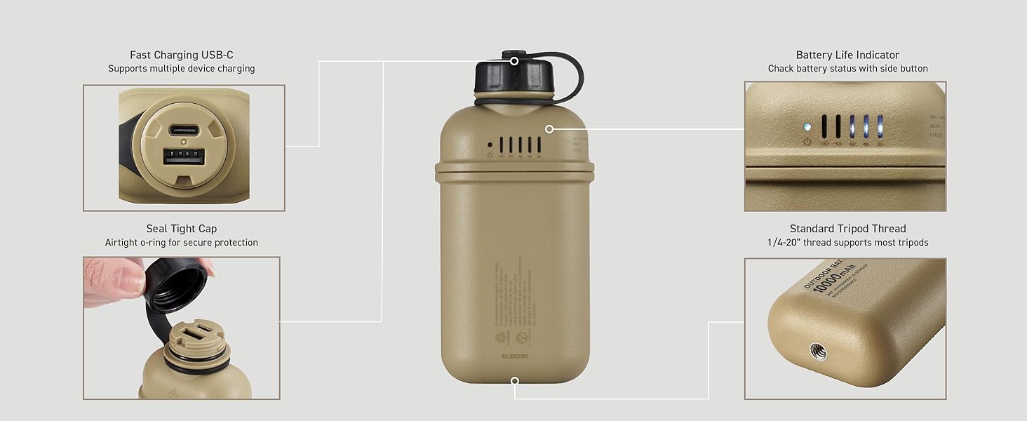 Портативний зарядний пристрій ELECOM NESTOUT 10000mAh: водонепроникний, ударостійкий, для iPhone, планшетів, подорожей, кемпінгу (Бежевий)