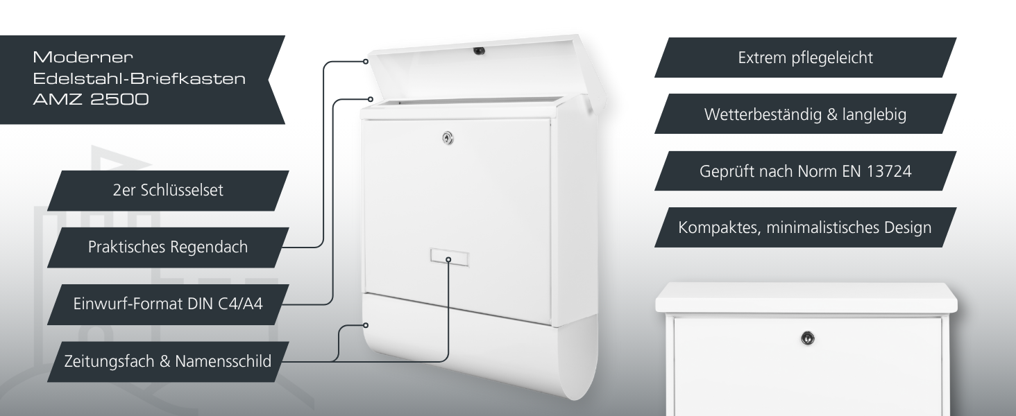 Поштовий ящик Burg-Wächter AMZ 2500 NI з газетницею та табличкою для імені, нержавіюча сталь, формат DIN C4, 2 ключі, білий