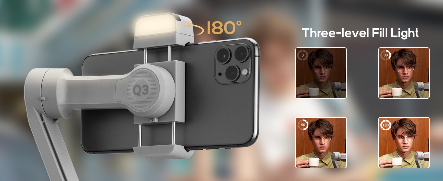 ZHIYUN Smooth Q3: Стабілізатор для смартфона з 3 осями, гімбал для iPhone та Android, зі штативом, вбудованим світлом та зумом, для Vlogging, YouTube та TikTok
