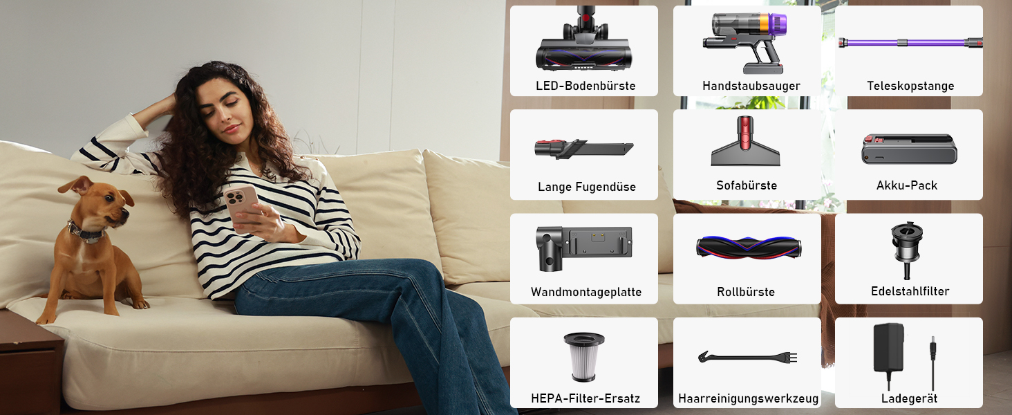 Бездротовий акумуляторний пилосос, 50000 Па, 580 Вт, 70 хв, 1.8 л, з дисплеєм, самостійна парковка, док-станція на стіні, антизаплутана щітка, 8-рівнева фільтрація, для шерсті тварин/килимів/твердих поверхонь/автомобіля