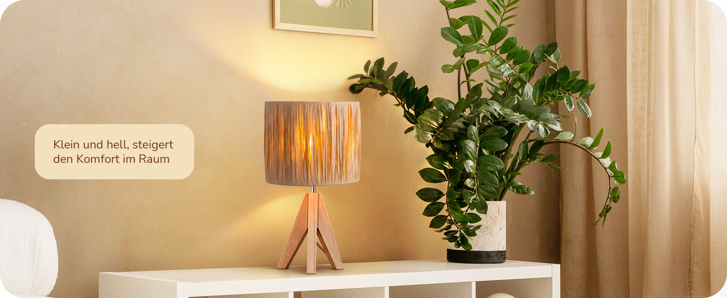 EDISHINE Настільна лампа з ручним плетінням, тепле світло 2700K, з дерев'яною підставкою, Boho стиль, для спальні, вітальні, готелю, з LED лампою E27 4W (рафія)