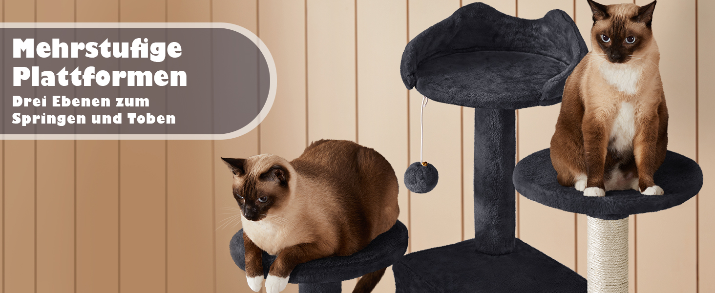 Кігтеточка-кольоротка Yaheetech 139 см, стабільна з 3 платформами, 3 стовпчиками, 2 печерами, плюшеві кульки, чорний колір