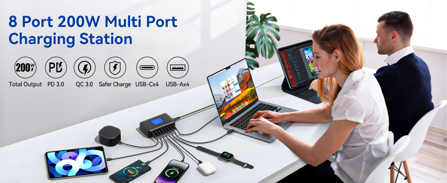 Зарядний пристрій USB C 200W, 8 портів, PD 65W з LCD дисплеєм для MacBook, iPad, iPhone 16/15/14/13 Pro/Max, Samsung S24/S23 – Чорний